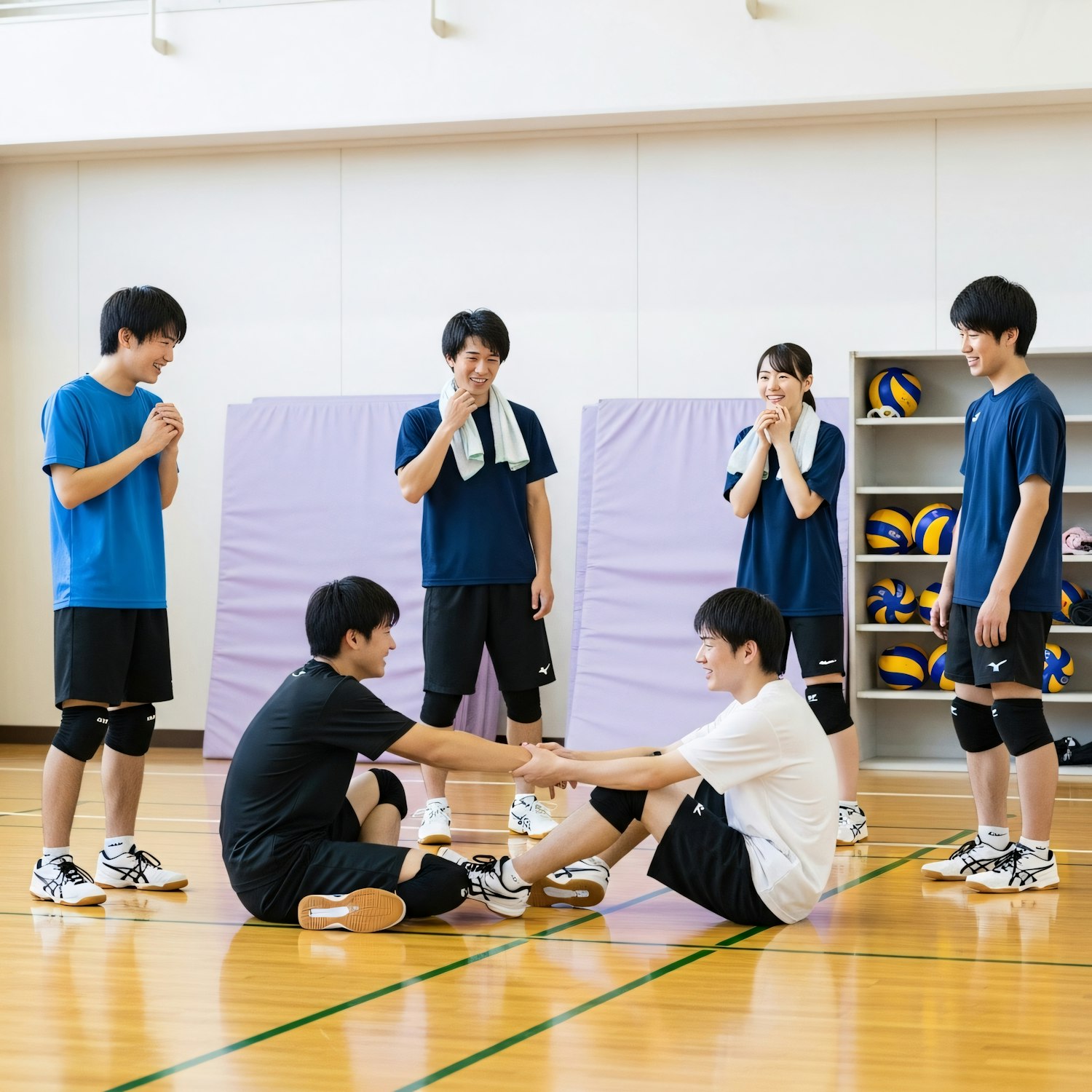 Students stretching and laughing together in the school gym