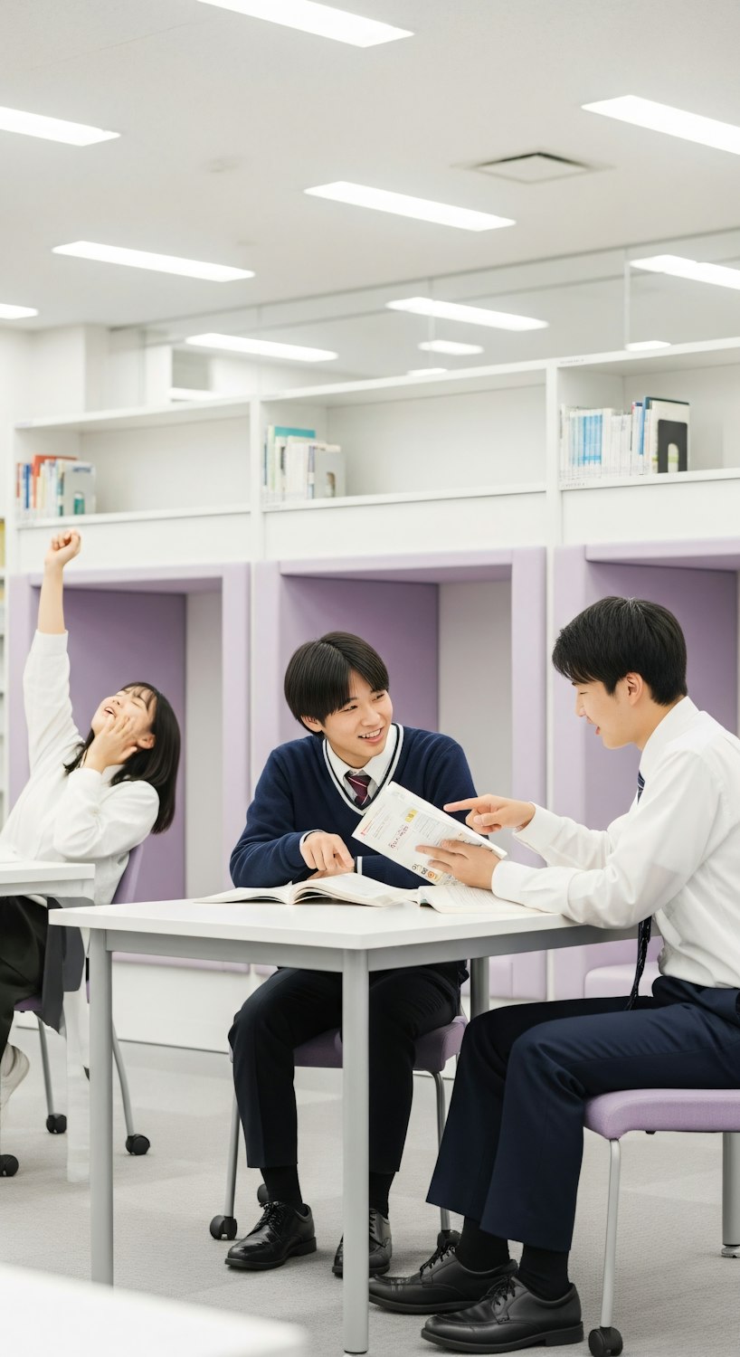 Students studying together at a table in the library