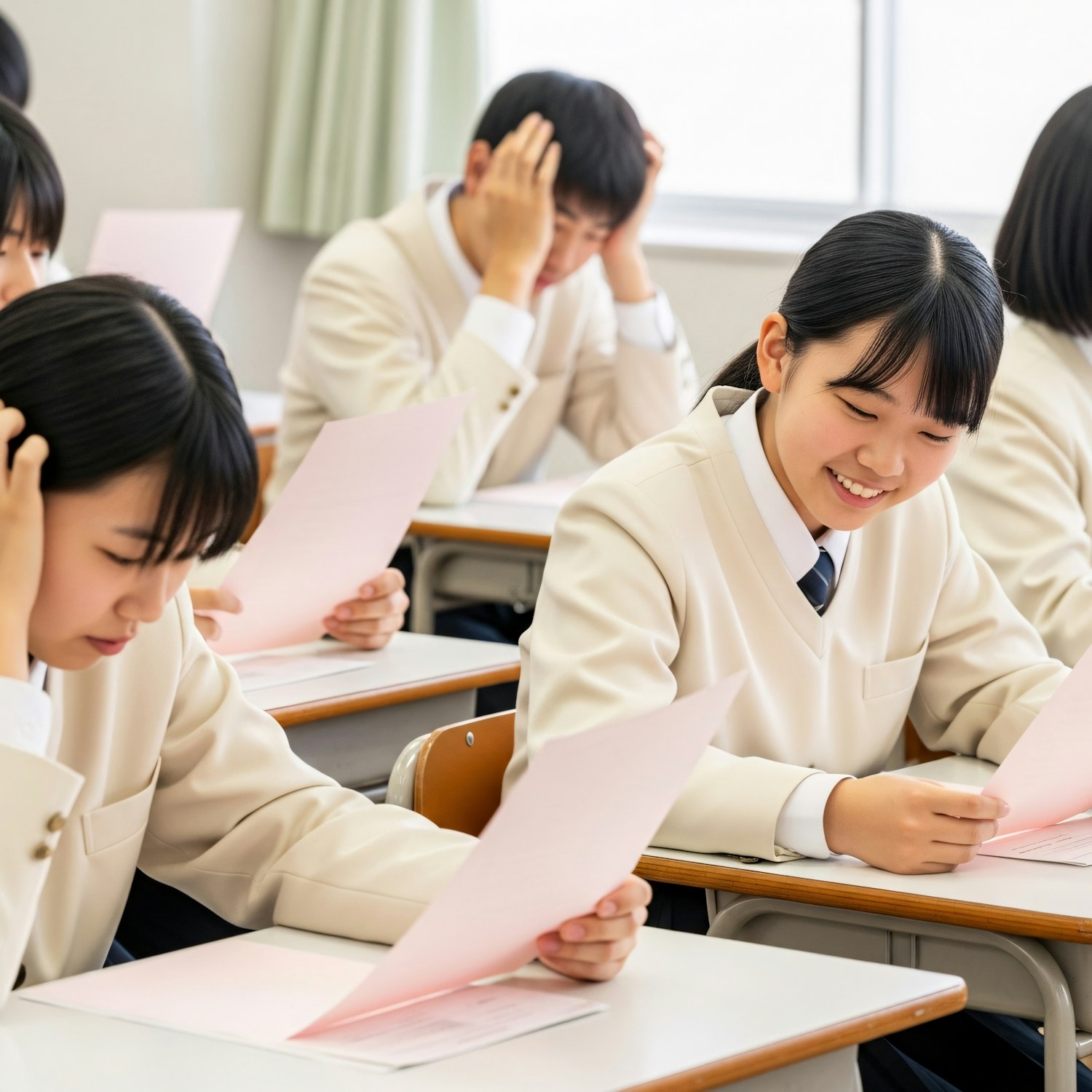 Students reading their results at their desks