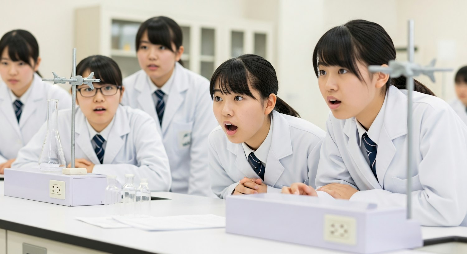 Students in lab coats watching a science experiment