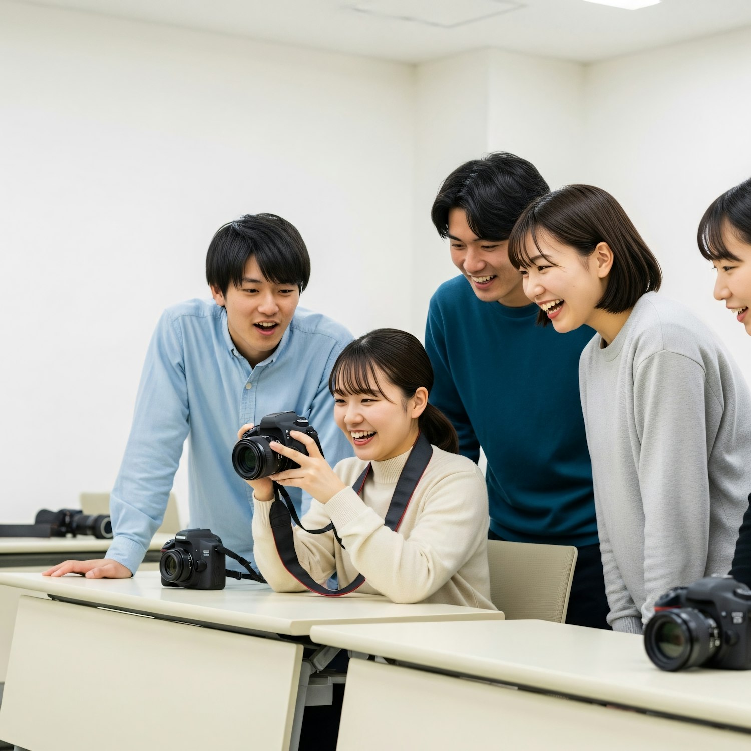 Students gathered around a camera, smiling at the photos they took