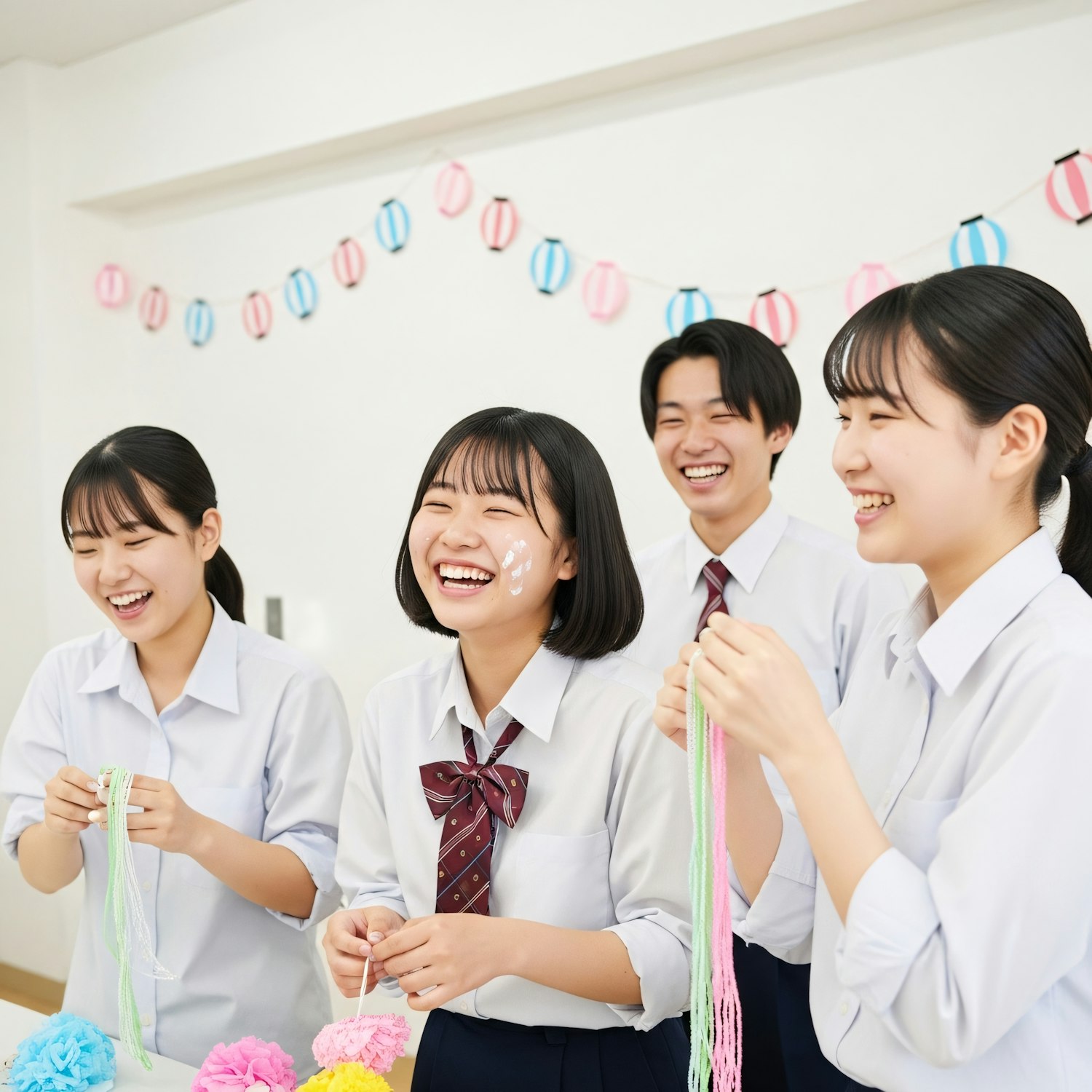 Students laughing together while making paper decorations